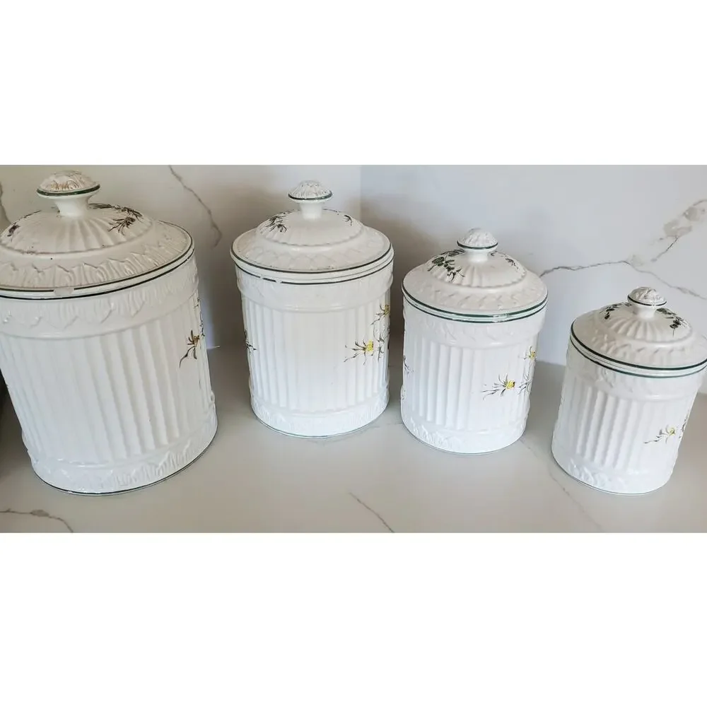 Vintage Mid-Century Set of 4 Italian Floral Ribbed Canister Set with Lids
